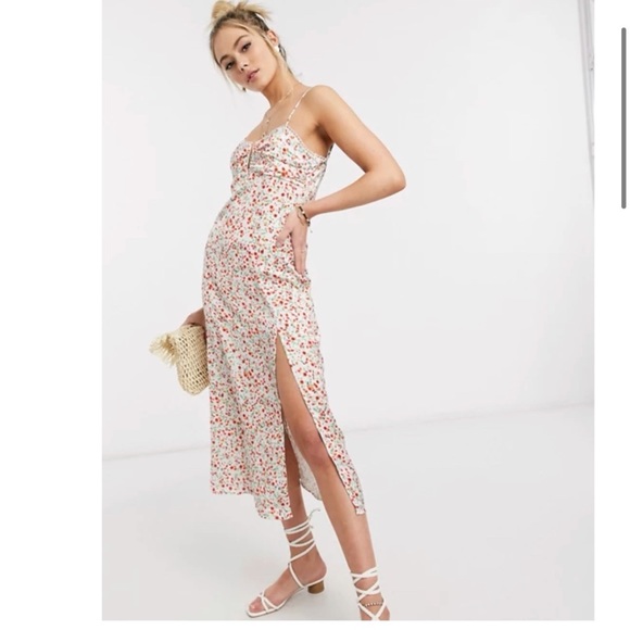 Skylar Rose U-Bar Floral MIDI Slit Dress Large White Pink, calf Length NWOT - Picture 2 of 15